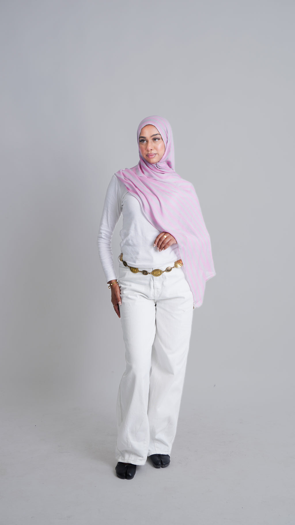 Striped in Pink & Grey printed hijab by IFTÍN